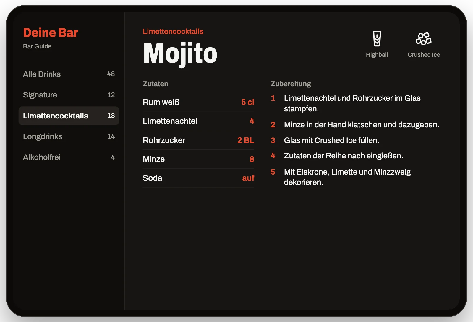 Tablet mit pourdesk: links die Leiste mit dem Namen der Bar, rechts das Rezept für einen Mojito mit Zutaten in cl und fünf Arbeitsschritten.